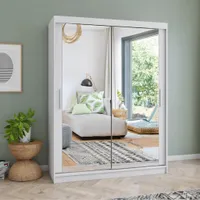 Schwebetürenschrank Kleiderschrank Schrank Schiebetürenschrank150 cm Weiß/Weiß mit zwei Spiegeln Vista 02