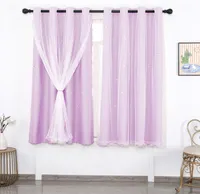 Gardine Aushöhlen Stern Vorhang Doppellagiger Voile Blickdicht Ösenschal für Schlafzimmer Kinderzimmer, Lila, 130x160cm