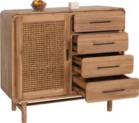 Komoda z szufladami HWC-M47, szafka kredens, szuflada z przegródkami, rattan akacja lite drewno bejcowane 101x109x45cm 44kg