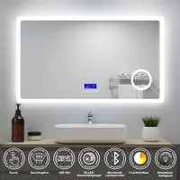 AICA LED Badspiegel mit Bluetooth 140x80cm Uhr Beschlagfrei Badezimmerspiegel 3 Lichtfarbe Dimmbar 3-Fach Vergrößerung Schminkspiegel