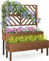 GOPLUS 2 Etagen Hochbeet mit Rankgitter, Pflanzkasten mit Rankhilfe, Gartenspalier Blumenkasten mit Entwässerungsloch für Kletterpflanzen Blumen, Braun