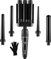 Lockenstab set 5 in 1 mit 3 Fässer -Welleneisen für große/mittlere oder kleine Locken Keramikbeschichtung Lockenstäbe,Lockenwickler mit Handschuh, Temperatureinstellung Schnelle Erwärmung, Turmalin Keramik