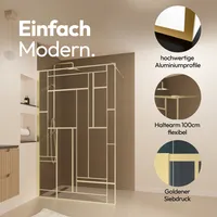 Duschwand gold Marwell Walk In Dusche Gallery 120x195 cm - Duschwand aus gehärtetem 5mm Glas  - Duschabtrennung  mit goldenen Siebdruck