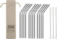 EKM Living Edelstahl Strohhalme 12er Set Silber gebogen GmbH, Trinkhalme, bruchfest, wiederverwendbar, spülmaschinengeeignet, plastikfrei (Silber gebogen, 12)