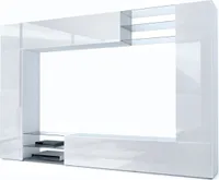 Vladon Wohnwand Mirage,  Germany, Anbauwand mit Rückwand mit 2 Türen, 2 Klappen und 6 offenen Glasablagen, Weiß matt/Weiß Hochglanz (262 x 183 x 39 cm)