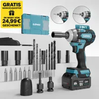 GJEMAX Schlagschrauber 18V, 520 Nm – inkl. 6,0 Ah Akku, Schnellladegerät, Bohrfutter, Bitset, 6x Steckschlüssel, 6x Bohrer & GRATIS Werkzeugkoffer