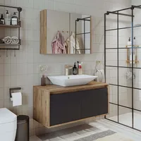 Roomart - Badmöbel Set - ATLANTIC - 3 Teilig - 100 cm Unterschrank mit Keramikwaschbecken   - 80 cm Spiegelschrank