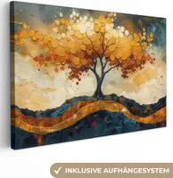 MuchoWow® - Leinwandbilder - Baum - Natur - Gold - Modern, Wandbild, Wanddeko Bilder Wohnzimmer, 90x60 cm