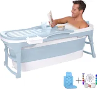 HelloBath® Faltbare Badewanne für Erwachsene L, 143x60x54cm – Mit Badekissen, Aufbewahrungshülle, Badelampe und Massagerollen – Mobile wanne - Blau