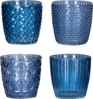 4er Set Windlicht H7,5cm Glas Blau Teelichthalter Tischdeko Kerzen Retro Deko