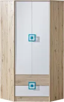 Kinderzimmer - Drehtürenschrank / Eckkleiderschrank Fabian 02, Farbe: Eiche Hellbraun / Weiß / Blau - 190 x 87 x 87 cm (H x B x T)