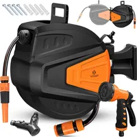 KESSER® Schlauchtrommel Wasser Schlauchaufroller Inkl. 2-Wege-Verteiler + Multi-Handbrause Wasserschlauchtrommel Automatik | 180° Schwenkbar | Wandhalterung | Gartenschlauch | Orange