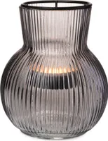 2x Windlicht Rillen Glas mit Teelichthaltereinsatz grau Ø11cm H12,5cm