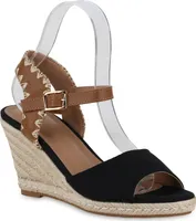 VAN HILL Damen Keilsandaletten Sandaletten Keilabsatz Bast Schuhe 841106, Farbe: Schwarz, Größe: 39
