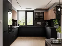 Küchenzeile 340x325x210 cm Einbauküche mit Arbeitsplatte Küche, MONZA-SIENA K71-M340 Walnuss/Schwarz Matt