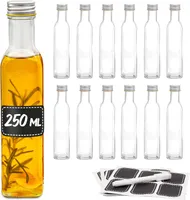 Praknu 12er Set Glasflaschen 250ml Schraubverschluss Eckig - Leere Flaschen zum Befüllen - 12 Etiketten mit Stift - Glasflaschen für Öl, Essig, Saft & Limonade