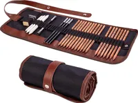 Lellis Arts Bleistiftset, Skizzenset mit Graphit- und Kohlestifte, Radiergummi, Stiftverlängerung, Spitzmesser, Estompen, Knetradiergummi u. Lederetui
