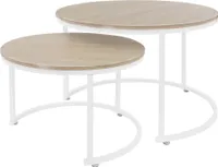 Súprava 2 okrúhlych konferenčných stolíkov ML-Design, biely/dub sonoma, súprava stolíkov s vrchnou doskou z MDF a čiernym kovovým rámom