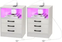 2er Set LED Nachttisch mit Steckdose & USB, Weiß Hochglanz Nachtschrank Nachtkommode 3 Schubladen Beistelltisch für Schlafzimmer 60x45x35cm