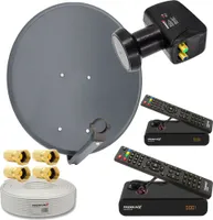 PremiumX Satelliten-Komplettanlage 2 Teilnehmer 60cm Antenne Twin LNB 25m Antennenkabel F-Stecker 2x HD TV Satelliten-Receiver