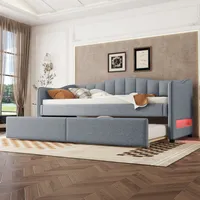Flieks Polsterbett 90x200cm mit Ausziehbett, Schlafsofa Tagesbett mit LED, Sofabett Funktionsbett Jugendbett Gästebett, Leinen, Grau