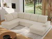 MKS MEBLE Ecksofa Wohnlandschaft U-Form, Sofa mit Schlaffunktion, Schlafsofa mit bettkasten, Couch mit Schlaffunktion - Beige Boucle - Madrito U - links