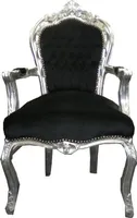 Casa Padrino Barock Esszimmerstuhl Schwarz / Silber mit Armlehnen - Möbel Antik Stil
