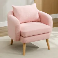 Fortuna Lai Čalouněné křeslo s polštářem Lounge Chair Sofa s plyšem Teddy, židle na nohách z masivního dřeva, do obývacího pokoje, ložnice, růžová, 75 x 69 x 71 cm