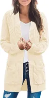 ASKSA Damen Langarm Strickjacke Mittellange Elegant Mantel Open Front Zopfstrick Sweater mit Taschen, Aprikose, S
