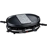 H.Koenig RP80 Raclette pro 8 osob, rošt z přírodního kamene, gril, 900 W, nerezová ocel, černá, 8 nepřilnavých pánví
