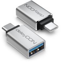deleyCON 2 Stück USB C 3.0 OTG Adapter aus Aluminium - USB zu USB C - bis zu 5 Gbit/s - Für Apple Samsung Google Huawei Xiaomi Handy Smartphone Tablet Laptop Chromebook Netbook - Silber