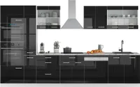 Vicco Küchenzeile R-Line, 350 cm mit Hochschrank, AP Marmor, Schwarz Hochglanz/Weiß
