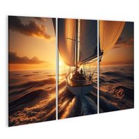 islandburner Bild auf Leinwand Segelboot bei Sonnenuntergang auf dem Meer im 16:9 Format