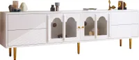 MODFU TV-Schrank mit Schubladen für 80-Zoll-TV, Fernsehtisch Wohnzimmerschränke mit gewölbter Glastür, goldenen Griffen und Beinen für Wohnzimmer, Esszimmer,Weiß