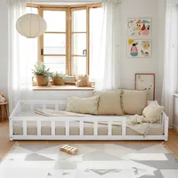 Homestyle4u 3024, Kinderbett Weiß mit Rausfallschutz 90x200 cm Bodenbett Montessori Bett Lattenrost Matratze