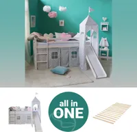 Homestyle4u 2768, Kinder Hochbett 90x200 weiss mit Lattenrost Rutsche Turm