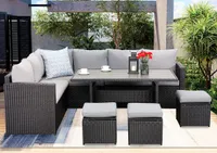MeXo von GLP HOME Gartenlounge-Set Wetterfest Polyrattan Sitzgruppe Gartenmöbel-Set für 6-10 Personen, (Gartengarnitur, Loungeset mit Kissen, 2-Sitzer, Ecksofa, Esstisch, 3 Hocker), Essgruppe für Terrasse Garten Lounge Balkon Indoor Outdoor