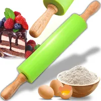 Nudelholz Silikon Teigroller Nudelhölz zum Backen von Pizza für Gebäck Nudelteig Cookie Antihaft Oberfläche Holzgriff Ø 5,5 cm 38 cm Grün Retoo