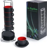 MIAMIO - 6 x 75 ml Espresso Tassen Außen Schwarz Innen Farbig (Rot)
