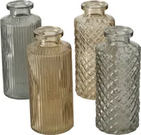 Blumenvase im 4er Set aus Glas in Flaschenform mit Relief Veredelung Dekovase Blumenvase für Ihren Wohnraum - Grau