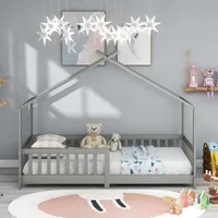 Merax Kinderbett Hausbett 90x200cm Spielbett mit Rausfallschutz, Zaun und Lattenrost -Bettgestell aus Kiefer, Einzelbett Jungbett, Grau