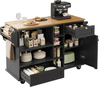 Esszimmerwagen Beweglicher Kuechen-Esswagen mit Schubladen und Lagerschrank hellbraune Holzarbeitsplatte  (129 x 46 x 92 cm) Schwarz