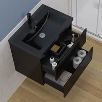 Badezimmermöbel Set Unterschrank Hochschrank Schrank 60 cm 2 Schubladen Schwarz Hochglanz soft close Mineralguss Schwarz waschtisch Selbstmontierter Unterschrank