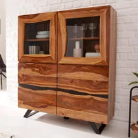 Massives Highboard AMAZONAS 138cm braun Sheeshamholz Vitrine mit Baumkante Vitrinenschrank
