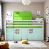 Homestyle4u 2979, Kinder Hochbett 90x200 mit Matratze Tunnel Vorhang grün Kinderbett