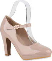 VAN HILL Damen Mary Janes Pumps Klassisch Trichterabsatz Absatz-Schuhe 840682, Farbe: Beige, Größe: 39