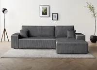 Ecksofa Erni 275 cm Corner Schlafsofa stilvoll Loungesofa mit Schlaffunktion und Bettkasten Polsterecke aus Cord-Bezug, Stoff: poso 34 - dunkelgrau, Ottomane: rechts
