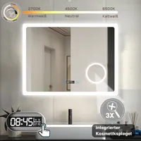 LED Badspiegel mit Schminkspiegel 100×60cm 3 Lichtfarbe Wandspiegel mit Uhr,Touch/Wandschalter, Beschlagfrei,3-Fach Vergrößerung Kalt/Neutral/Warmweiß