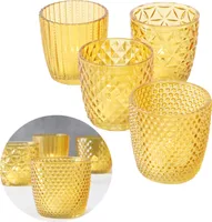 LS-LebenStil 4´er Set Glas Teelichthalter Retro Gelb 7cm Teelichtglas Windlichthalter Kerzenhalter Kerzenglas Kerzenständer für Teelichter