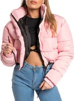 ASKSA Damen Puffer Jacke Kurz Stehkragen Gesteppte Cropped Dicke Winterjacke Outdoor, Rosa, S